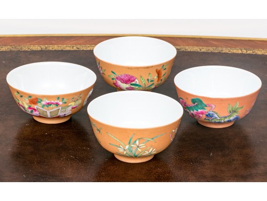 Fine Set Of 4 Chinese Famille Rose On Peach Ground Porcelain Tea Bowls