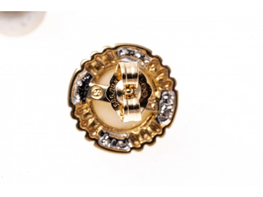 14k Yellow Gold Classic Cultured Freshwater Pearl And Diamond Button Earrings