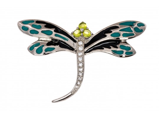 Sterling Silver Whimsical Dragonfly Pin Set With Round Brilliant CZ Stones And Enamel Wings