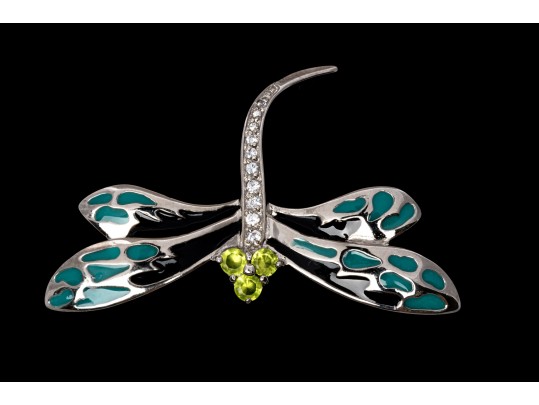 Sterling Silver Whimsical Dragonfly Pin Set With Round Brilliant CZ Stones And Enamel Wings