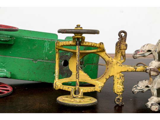 Semi Antique Paint Finished Cast Iron Toy Farm Cart Pulled By Horses 