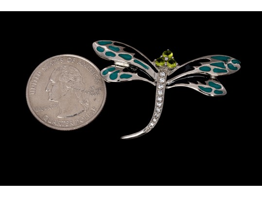 Sterling Silver Whimsical Dragonfly Pin Set With Round Brilliant CZ Stones And Enamel Wings