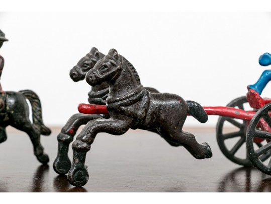 Semi Antique Paint Finished Cast Iron Toy Horse Pulled Fire Cart With Additional Equestrian
