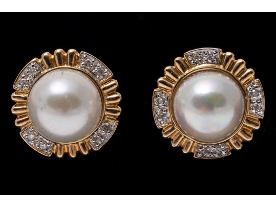 14k Yellow Gold Classic Cultured Freshwater Pearl And Diamond Button Earrings