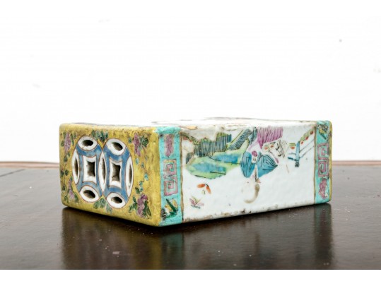 Antique Chinese Famille Rose Enameled Porcelain Pillow, 19th C. 