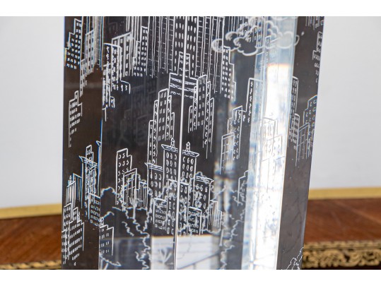Rare Steuben Crystal Sculpture With Etched City Buildings ,On Stand 