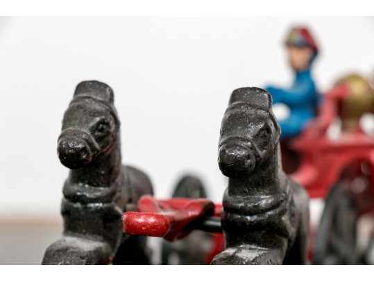 Semi Antique Paint Finished Cast Iron Toy Horse Pulled Fire Cart With Additional Equestrian