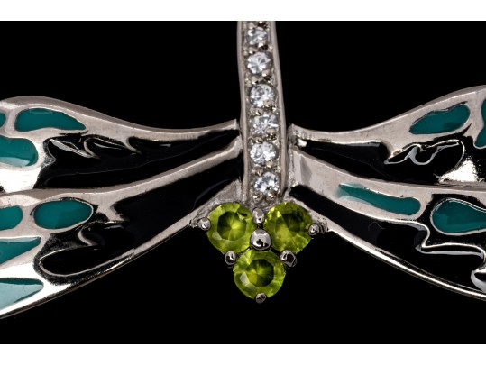 Sterling Silver Whimsical Dragonfly Pin Set With Round Brilliant CZ Stones And Enamel Wings