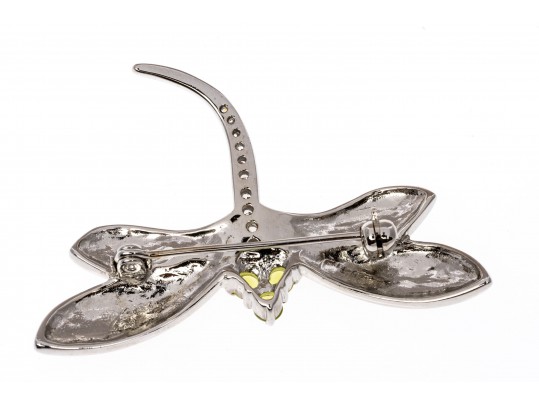 Sterling Silver Whimsical Dragonfly Pin Set With Round Brilliant CZ Stones And Enamel Wings