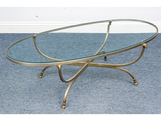 Hollywood Regency Style Brass & Glass Oval Top Cocktail Table 