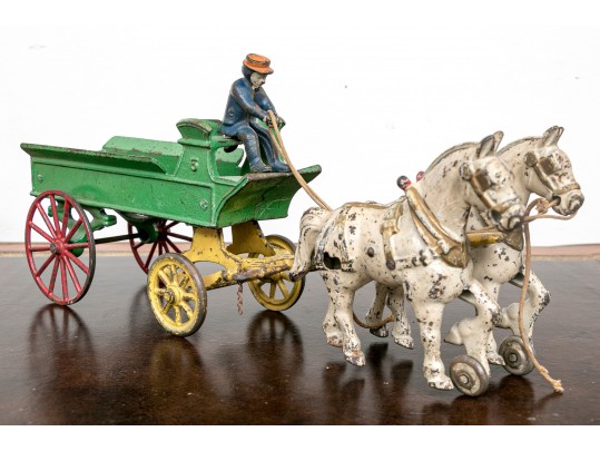 Semi Antique Paint Finished Cast Iron Toy Farm Cart Pulled By Horses 