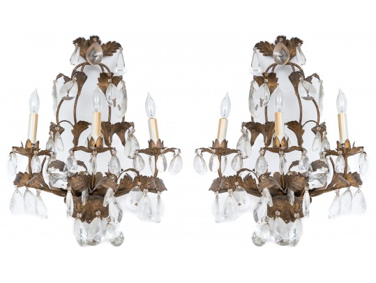 Pair Of Gilt Metal And Cut Crystal Wall Sconces