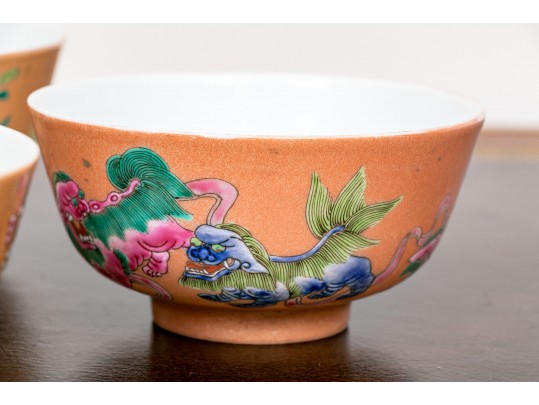 Fine Set Of 4 Chinese Famille Rose On Peach Ground Porcelain Tea Bowls