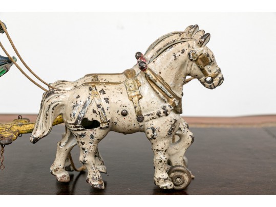 Semi Antique Paint Finished Cast Iron Toy Farm Cart Pulled By Horses 