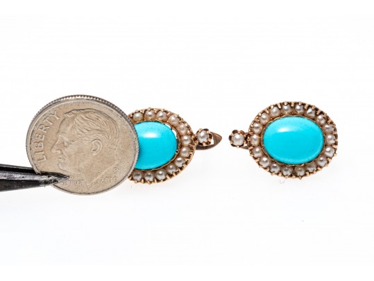 14k Rose Gold Lovely Vintage Turquoise Cabachon And Seed Pearl Halo Earrings