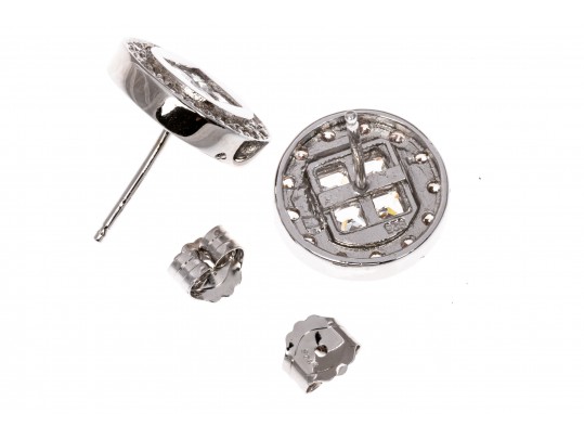 Sterling Silver Distinctive High Polished Round Flat Button Earring With Princess Cut And Round CZ's