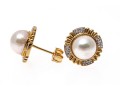 14k Yellow Gold Classic Cultured Freshwater Pearl And Diamond Button Earrings