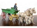 Semi Antique Paint Finished Cast Iron Toy Farm Cart Pulled By Horses 