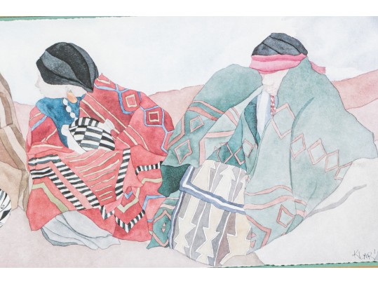 Irene Klar (Canadian, B. 1950) Watercolor Painting Of Native American Figural Subjects Paper