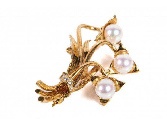 Tiffany & Co. 18K Yellow Gold, Diamond And Cultured Pearl Brooch