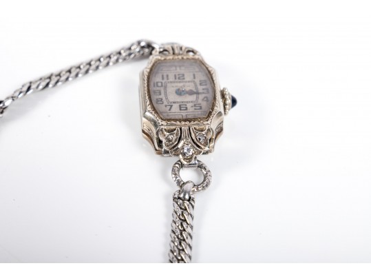 Vintage Ladies' Gruen 14K White Gold Watch With Silvertone Band