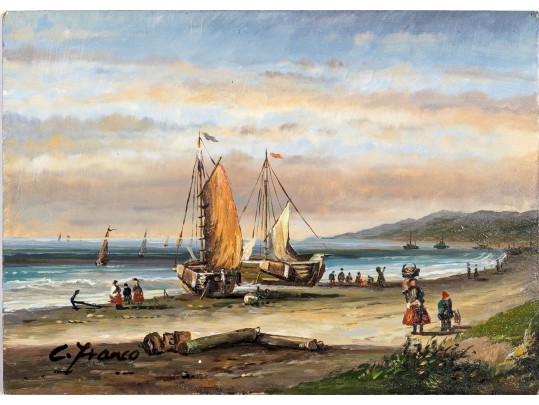Dutch School-Style Oil On Wood Panel, Figural Coastal Landscape