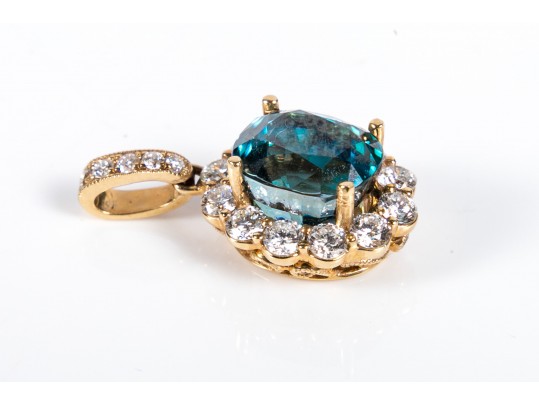 18K Yellow Gold, Diamond And Blue Topaz Pendant