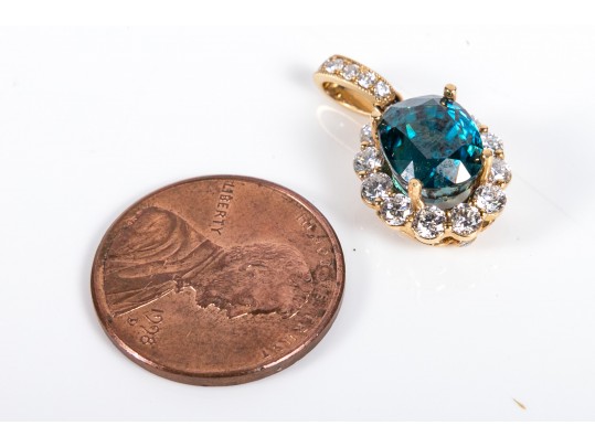 18K Yellow Gold, Diamond And Blue Topaz Pendant