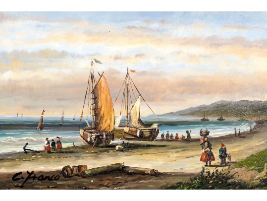 Dutch School-Style Oil On Wood Panel, Figural Coastal Landscape