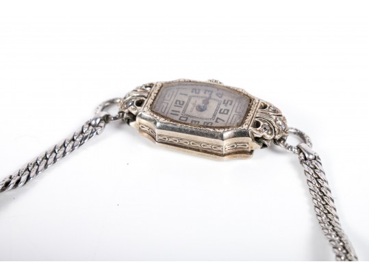 Vintage Ladies' Gruen 14K White Gold Watch With Silvertone Band