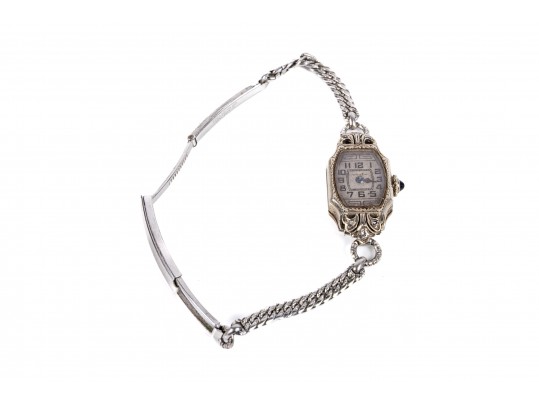 Vintage Ladies' Gruen 14K White Gold Watch With Silvertone Band