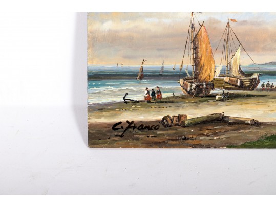 Dutch School-Style Oil On Wood Panel, Figural Coastal Landscape