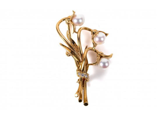 Tiffany & Co. 18K Yellow Gold, Diamond And Cultured Pearl Brooch