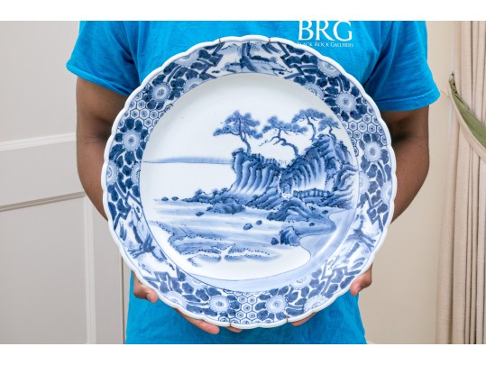 Blue And White Porcelain 16” Charger, Central Mountainous Landscape