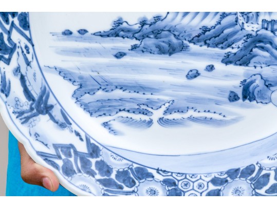 Blue And White Porcelain 16” Charger, Central Mountainous Landscape