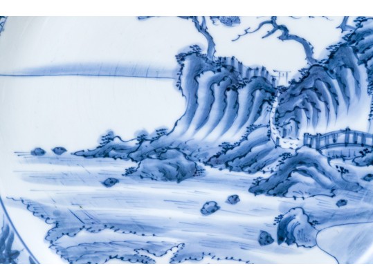 Blue And White Porcelain 16” Charger, Central Mountainous Landscape
