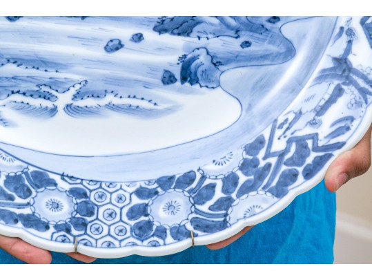 Blue And White Porcelain 16” Charger, Central Mountainous Landscape