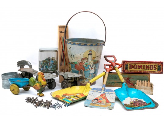 Assorted Vintage Children's Toys. Marbles, Beach Accessories, Games