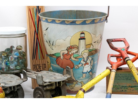 Assorted Vintage Children's Toys. Marbles, Beach Accessories, Games