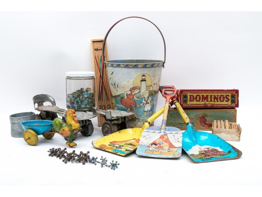 Assorted Vintage Children's Toys. Marbles, Beach Accessories, Games