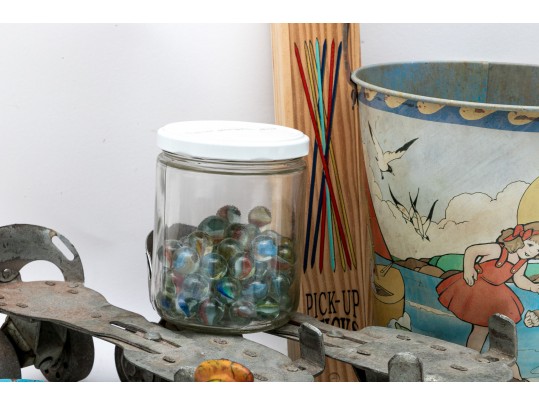 Assorted Vintage Children's Toys. Marbles, Beach Accessories, Games