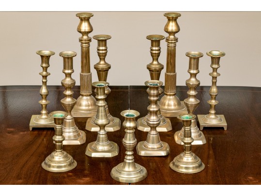 Lot Of 13 Vintage - Antique Brass Candlesticks