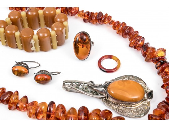Large Collection Of Amber Necklaces, Bracelet, Earrings And Rings
