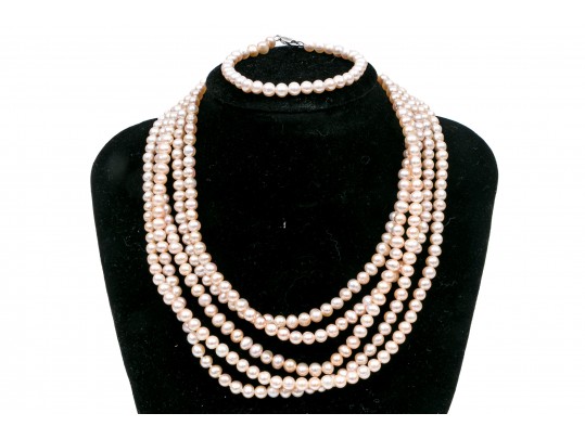 Pale Pink Freshwater Pearl And Sterling Necklaces And Bracelet Set