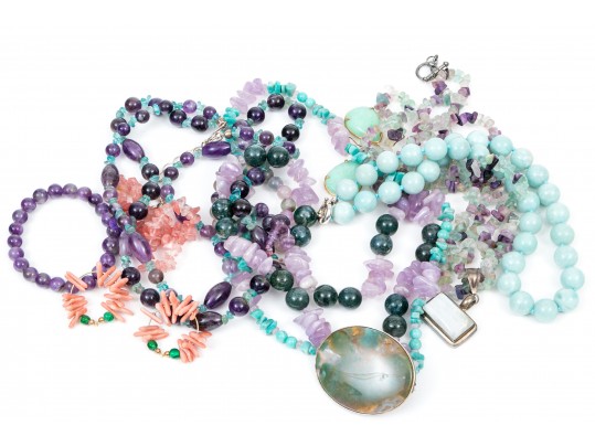 Colorful Fluorite, Amethyst And Coral Beaded Jewelry