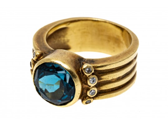 18K Topaz And Diamond Wide Band Ring, Size 5.25