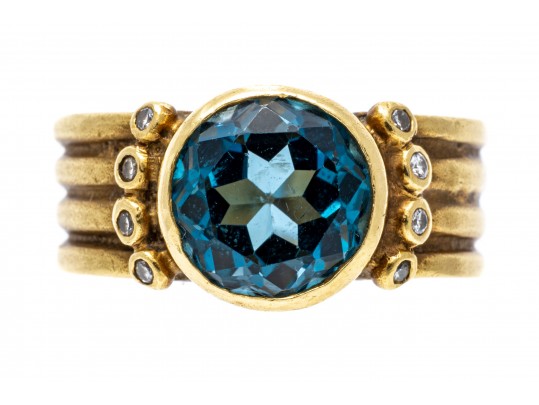 18K Topaz And Diamond Wide Band Ring, Size 5.25
