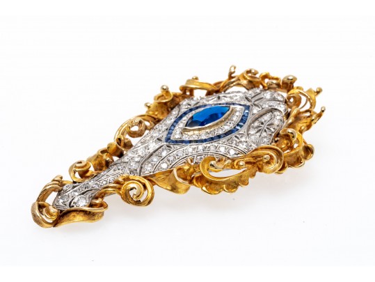 Vintage 14K Diamond, Sapphire And Blue Spinel Brooch