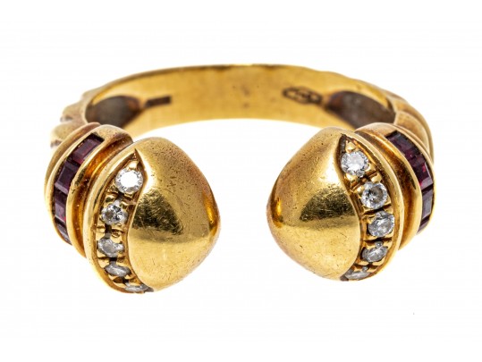 18K Open Diamond And Ruby Ring, Size 7.5