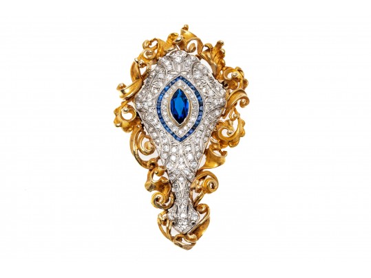 Vintage 14K Diamond, Sapphire And Blue Spinel Brooch